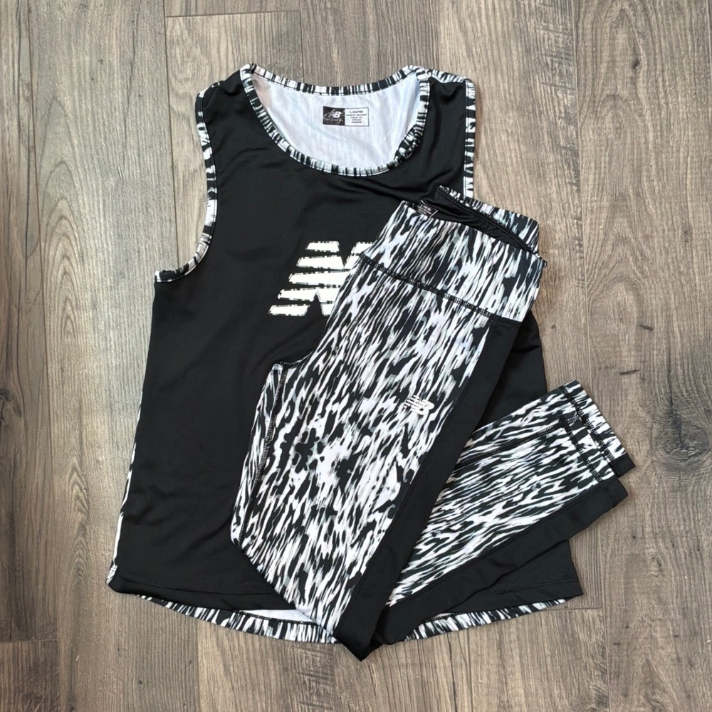 New Balance Girls Black White‎ Abstract Logo Tank Top and Leggings Set L 14/16